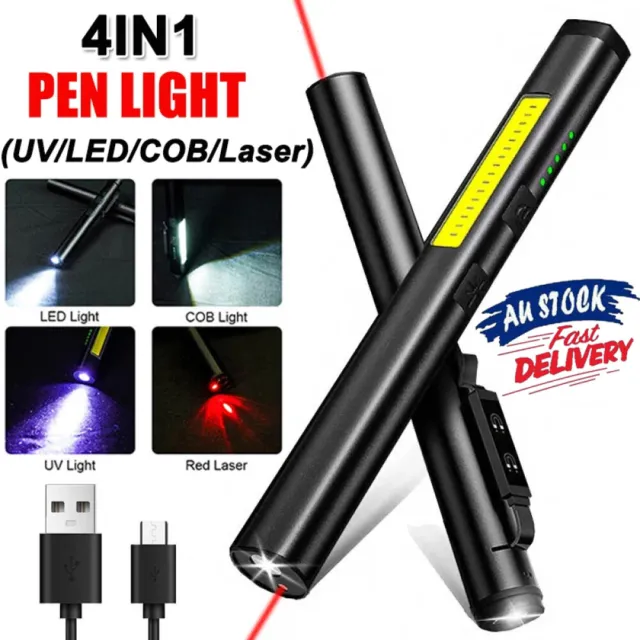 4in1 Mini Tactical Flashlight UV Light LED Small Torch Pen Light Rechargeable AU