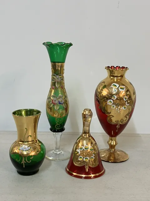 Bohemian Glass Vases / Bell. Murano Green Glass + Red Cranberry Glass