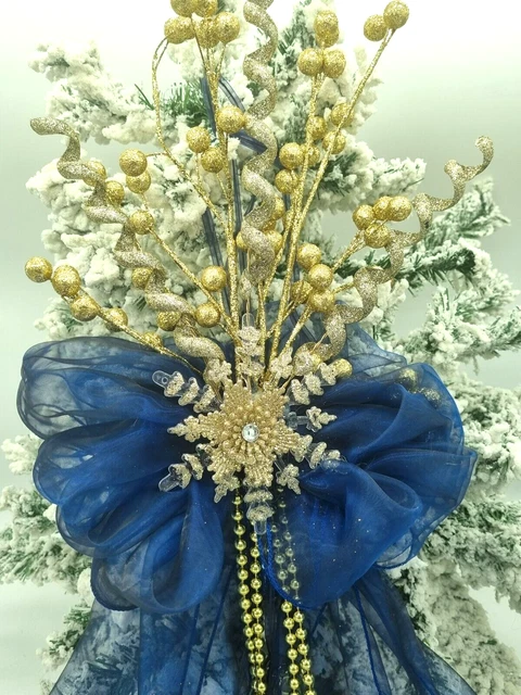 Beautiful Blue Gold Christmas Tree Topper Bow Large Handmade Luxury Bow Free P&P