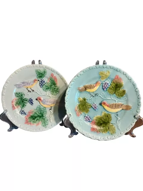 Vintage German Majolica Turquoise Blue Bird and Grape Pair of Plates W Germany