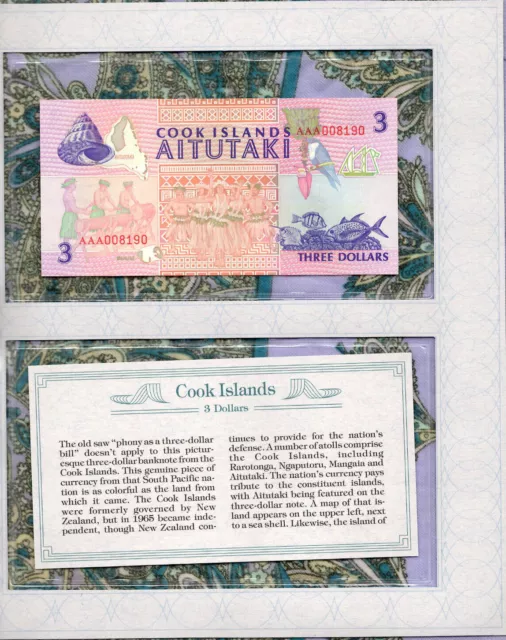 *Most Treasured Banknotes Cook Islands 3 Dollars 1992 UNC P-7 AAA008190 LOW
