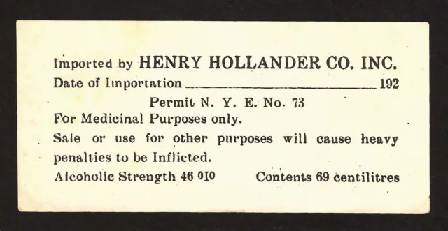 New York Import Permit Label for Medicinal Purposes - N.Y.E. No. 73 - 1920's
