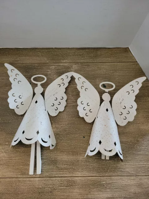 Set Of 2 Vintage White Metal And Wood Rustic Wind Chimes Decor