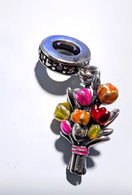 PANDORA SIZE CHARM Floral Bouquet Flower Rose Tulip Pink Red 925 Silver ...