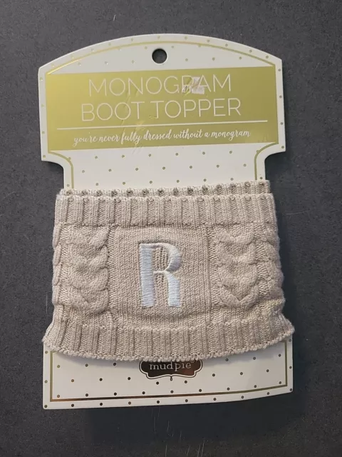 MUDPIE Women’s Chelsea Monogramed Cable Knit Boot Toppers / Initial R  / NEW