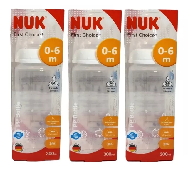 3 x NUK First Choice+ 0-6 Months PP Baby Bottle 300ml Anti-Colic Medium Hole