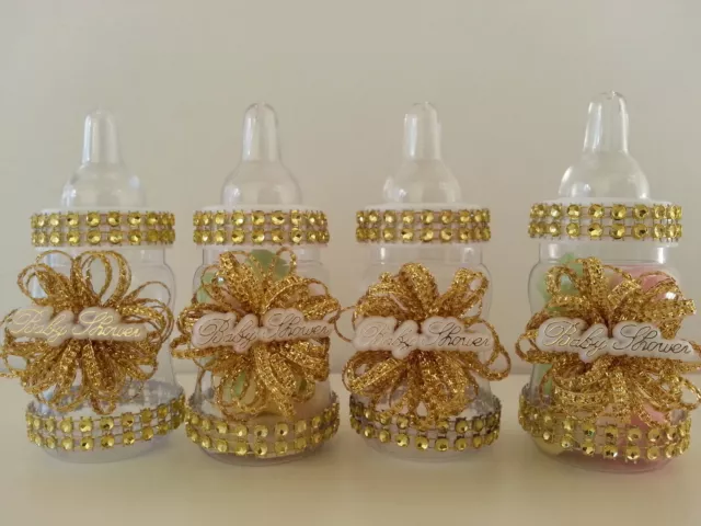 Baby Shower Decoration | 12 Gold Fillable Bottles | Favors Prizes or Games