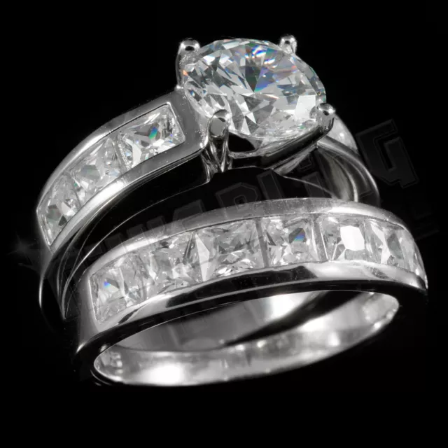 .925 Sterling Silver 18k White Gold Solitaire Channel Set CZ Women's Ring Set