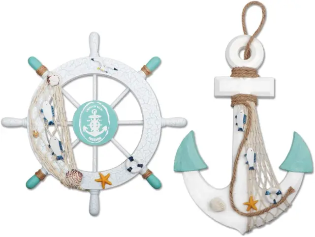 2Pack 11" Nautical Beach Wooden Ship Wheel and 13" Wood Anchor w/ Rope Nautical