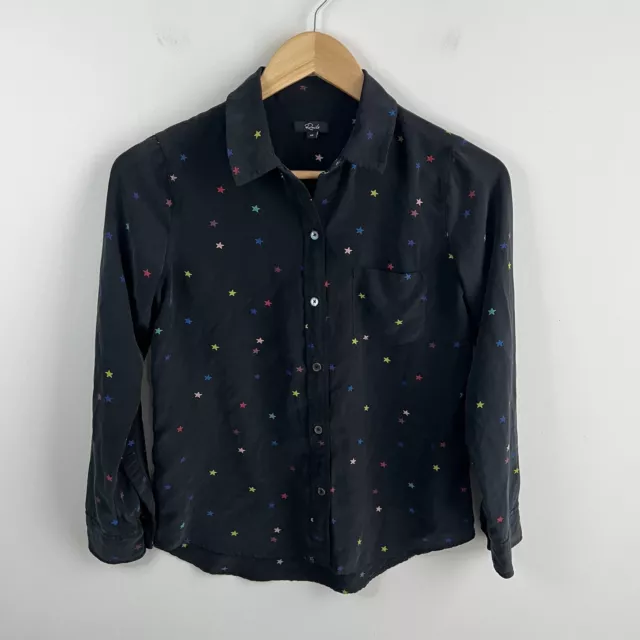 Rails Silk Shirt XS Kate Rainbow Stars Print Black Blouse Celestial Long Sleeves