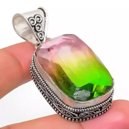 Triplet Bi-Color Tourmaline Gemstone Vintage Pendant Handmade Jewelry Pendant