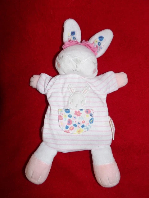 Doudou Marionnette Lapin Blanc Rose Poche Fleur Sergent Major Neuf
