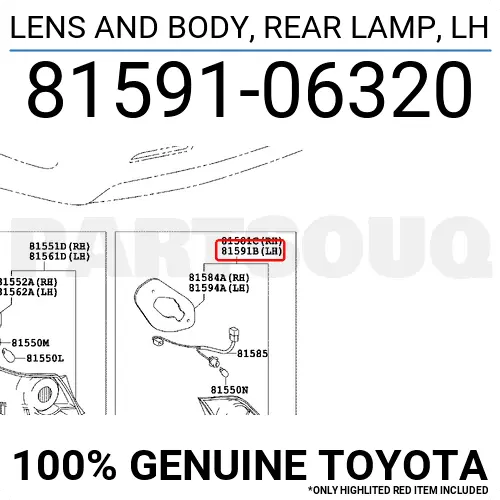 8159106320 Genuine Toyota LENS AND BODY, REAR LAMP, LH 81591-06320
