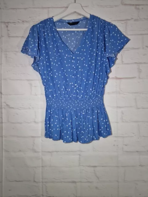 Baby blaue Bluse Größe 8 weißes Herzmuster kurzärmeliges Shirt Oberteil geschert M&S