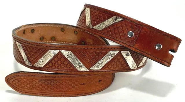 Vtg Western Belt - Hand Stamped Leather - Conchos - Brown - 35-38"