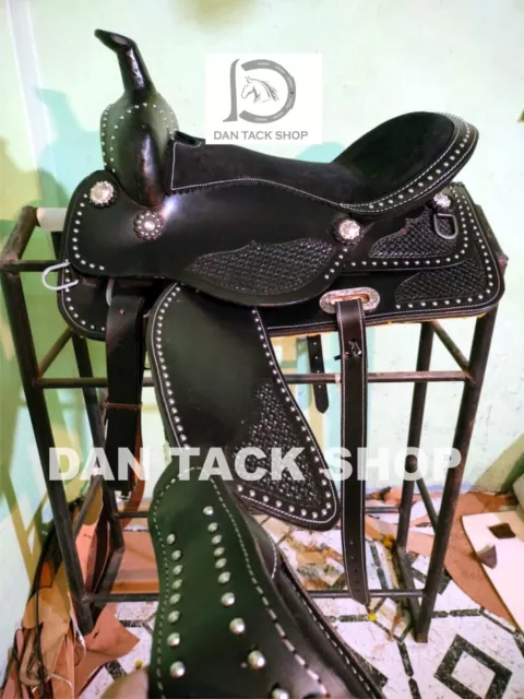 Western Barrel Leather Horse Black Color Saddle with Tack Set Free shipping 2