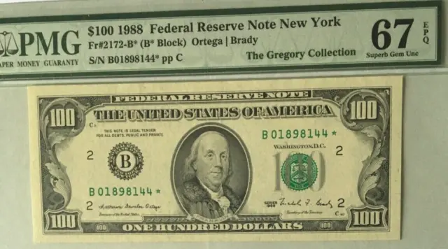 1988 $100 Pmg67 Epq, Superb Gem Unc, Fed Reserve *Star* Note New York       9247