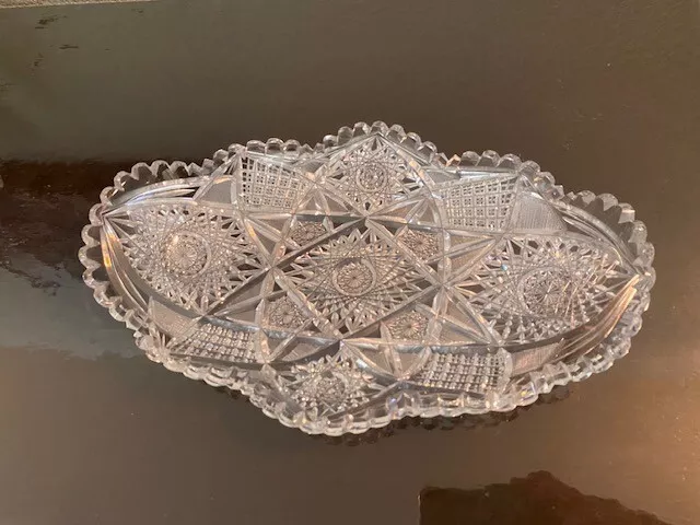 Antique ABP American Brilliant Period Cut Glass Crystal Boat Bowl Tray 14"