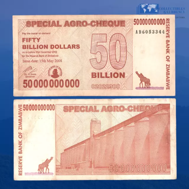 ZIMBABWE 50 Billion Dollars Special Agro Cheque Banknote, 2008 Circulated, P-63