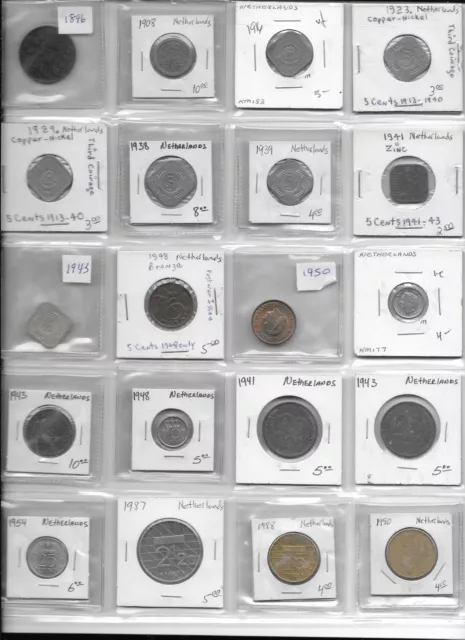 COIN SHEET - NETHERLANDS 1884 - 1990 - Lot of 80 Different Coins