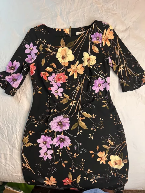 CALVIN KLEIN Women’s Dress Size 8 Black Colorful Florals Zip Up See Sleeve Pics