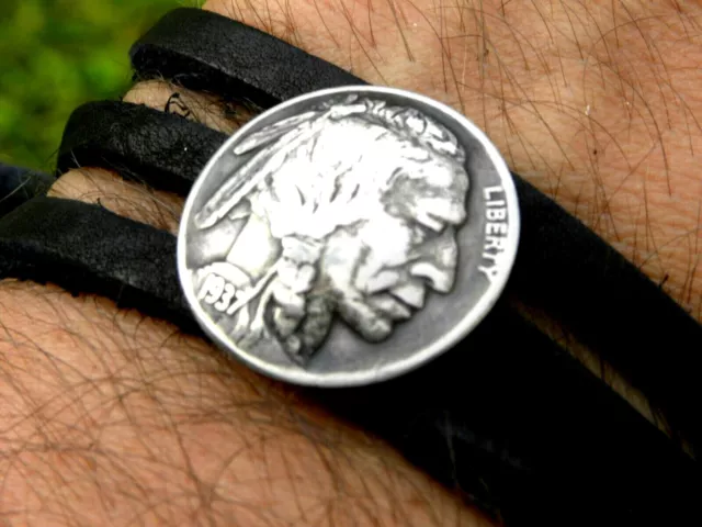 Genuine Buffalo Bison leather bracelet authentic Indian Nickel coin wrap bangle