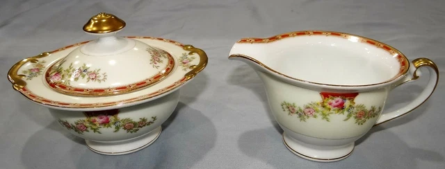 Royal Chester ODGEN Creamer & Sugar Bowl Set w Lid Red Band Roses Gold Trim