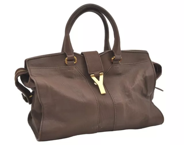 Auth YVES SAINT LAURENT Cabas Shyc Mini 2Way Tote Bag Leather 297957 Brown 1947J