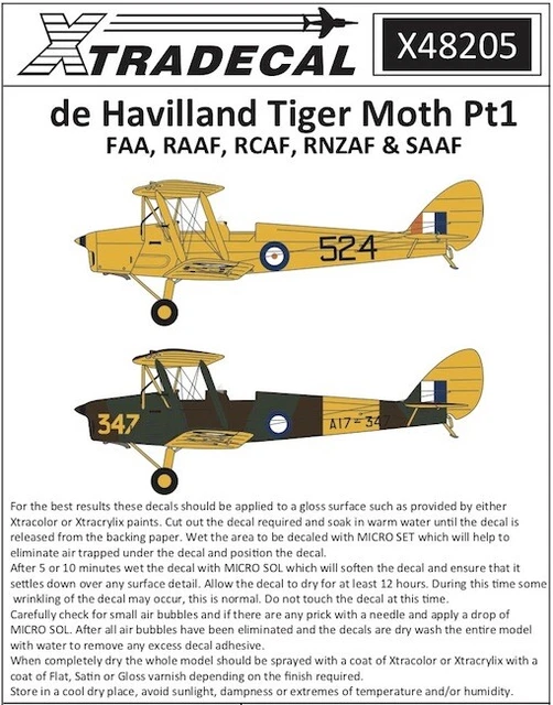 Xtra Decals 1/48 DE HAVILLAND TIGER MOTH Part 1 FAA RAAF RCAF RNZAF & SAAF