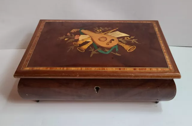 Vintage REUGE Swiss Movement Music Jewelry Box Inlaid Wood Marquetry Italy Box