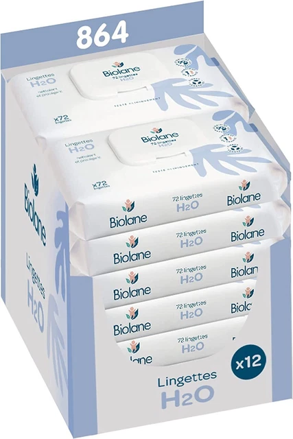 BIOLANE - Lingettes nettoyantes H2O à l'eau pour bébé - Lot de 12x72 (864 linget