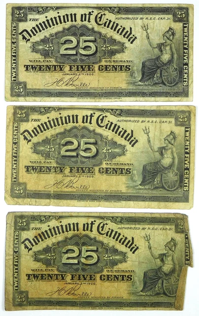 1900 Dominion of Canada 25 Cents Note Lot - "Shinplaster" - Pick 9b - 3 Notes