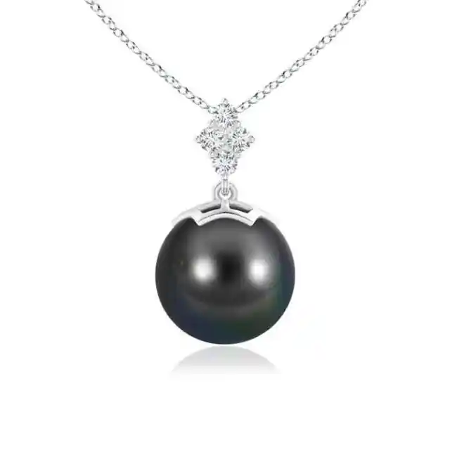 ANGARA 10mm Tahitian Pearl Pendant Necklace with Diamond Cluster in Silver