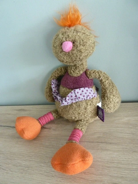 T9. DOUDOU PELUCHE MOULIN ROTY POULE OISEAU AUTRUCHE tablier mauve 28cm  - TTBE