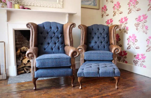 Pair of Chesterfield Queen Anne Chairs & Footstool in Tan Leather & Harris Tweed