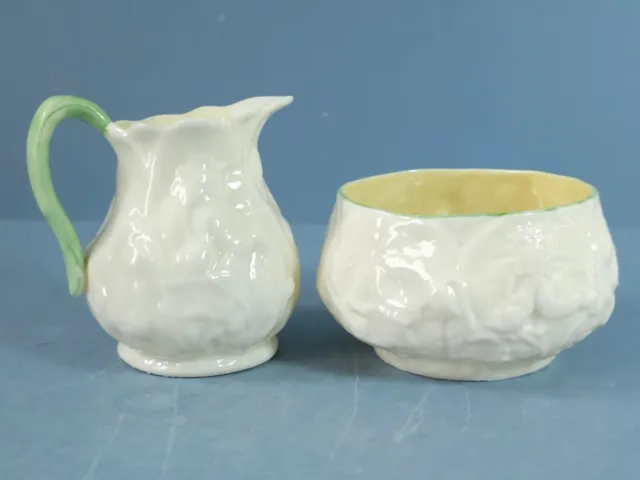 Belleek Lotus Pattern Cream/Milk Jug with Green handle & Sugar Bowl 1891-1926.