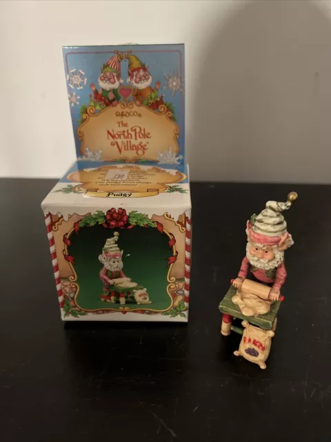 1986 Enesco North Pole Village Elves Pudgy With Box