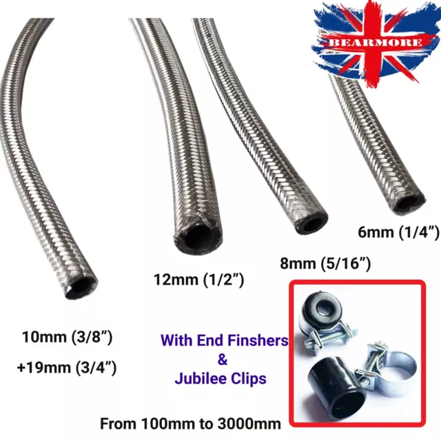 Braided Stainless Steel Fuel Hose Line & CLIPS FINISHERS Pipe Metal Flex SS Oil