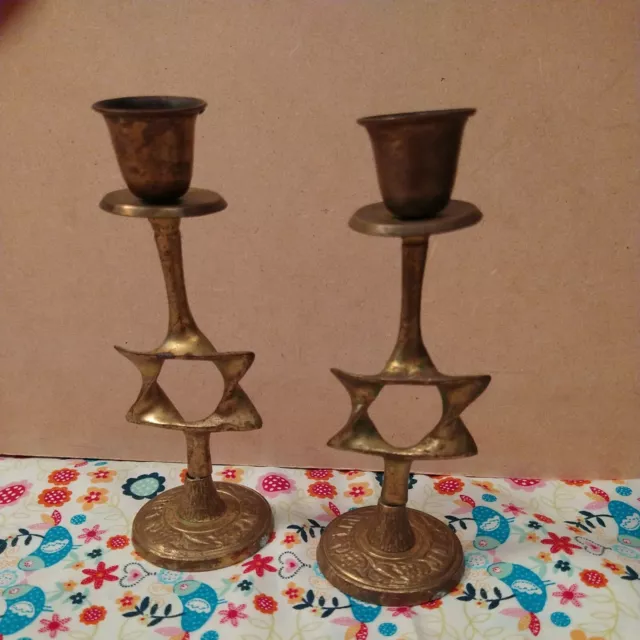 Vintage Judaica Star of David Brass Candle Holder/Candlestick set of 2  India