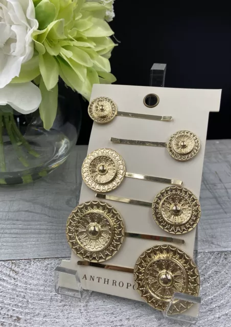 NWT Anthropologie HAIR CLIPS Gold MEDALLION 3 Inch Metal Multi-Size Set of 6