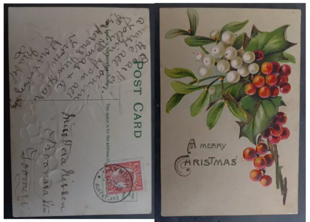 1908 Australia (Queensland) Postcard-Merry Christmas ties 1p Stamp cd Gayndah