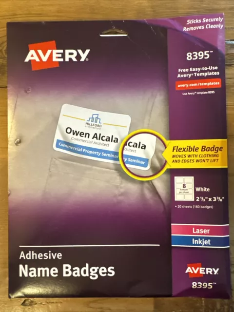 Avery 8395 Laser Inkjet Name Badges White 2 1/3" x 3 3/8" 160 Badges 20 Sheets