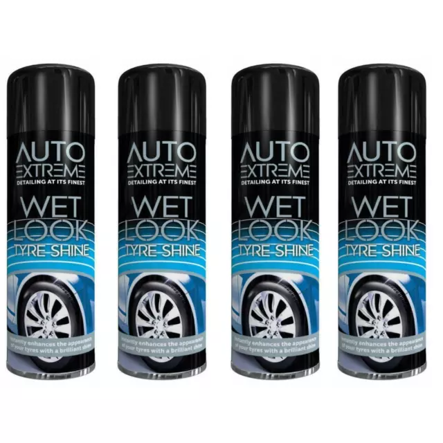 4 x AUTO EXTREME Wet Look Tyre Shine 300ml Black Restorer Rubber Car Spray Clean