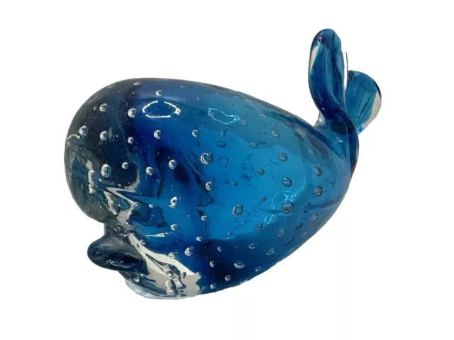 Vintage Murano Art Glass Blue Whale Paperweight Sculpture Controlled Bubble