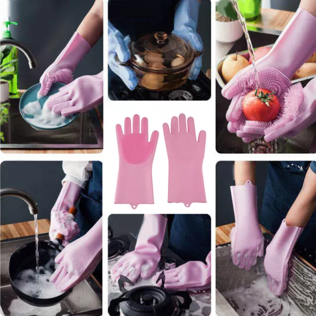 Magic Gloves Dish Washing Silicone Rubber Scrubber Cleaning Solid Color Reusabl〕