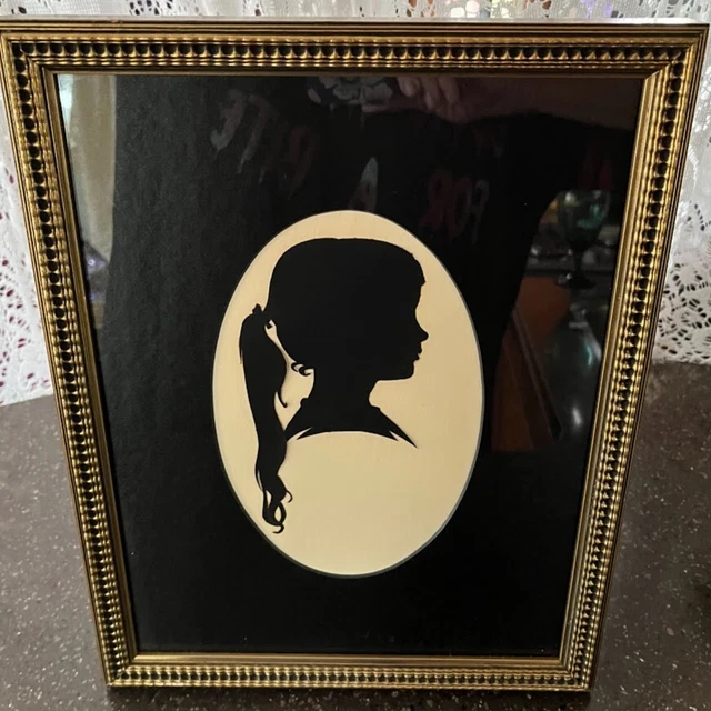 Silhouette GIRL PONYTAIL METAL GOLDTONE FRAMED the framers vise BLACK BACKGROUND