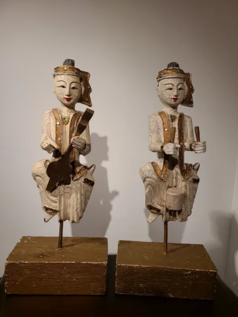 Vintage Pair Thai Hand Carved & Painted Wood Musician Figures On Stands