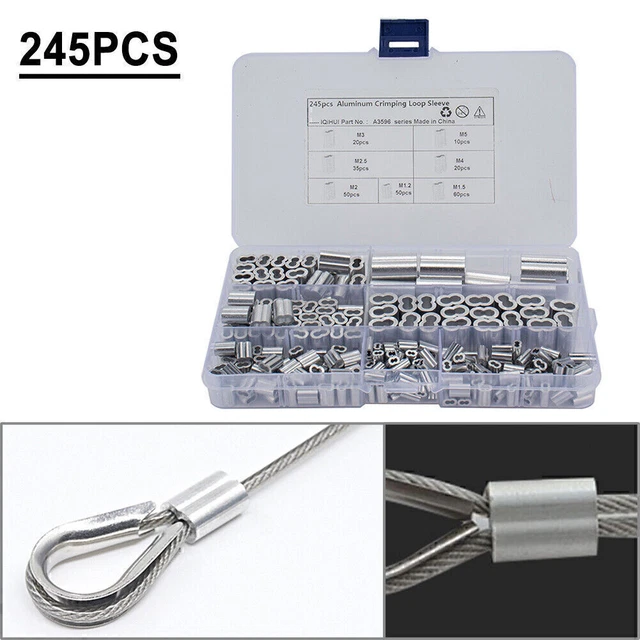 245Pcs 7 Size Alu Double Barrel Ferrule Crimping Loop Sleeve for Wire Rope Kit