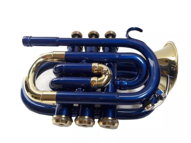 SUMMER SALE BRAND NEW BLUE & BRASS Bb POCKET TRUMPET+FREE HARD CASE+MOUTHPIECE