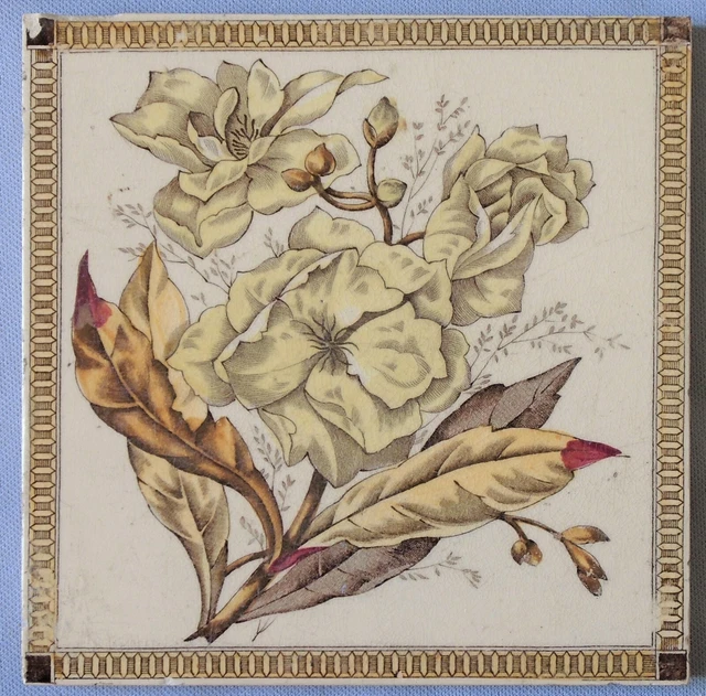 Vintage English Victorian Transferware Tile Southern Magnolia Flower Antique